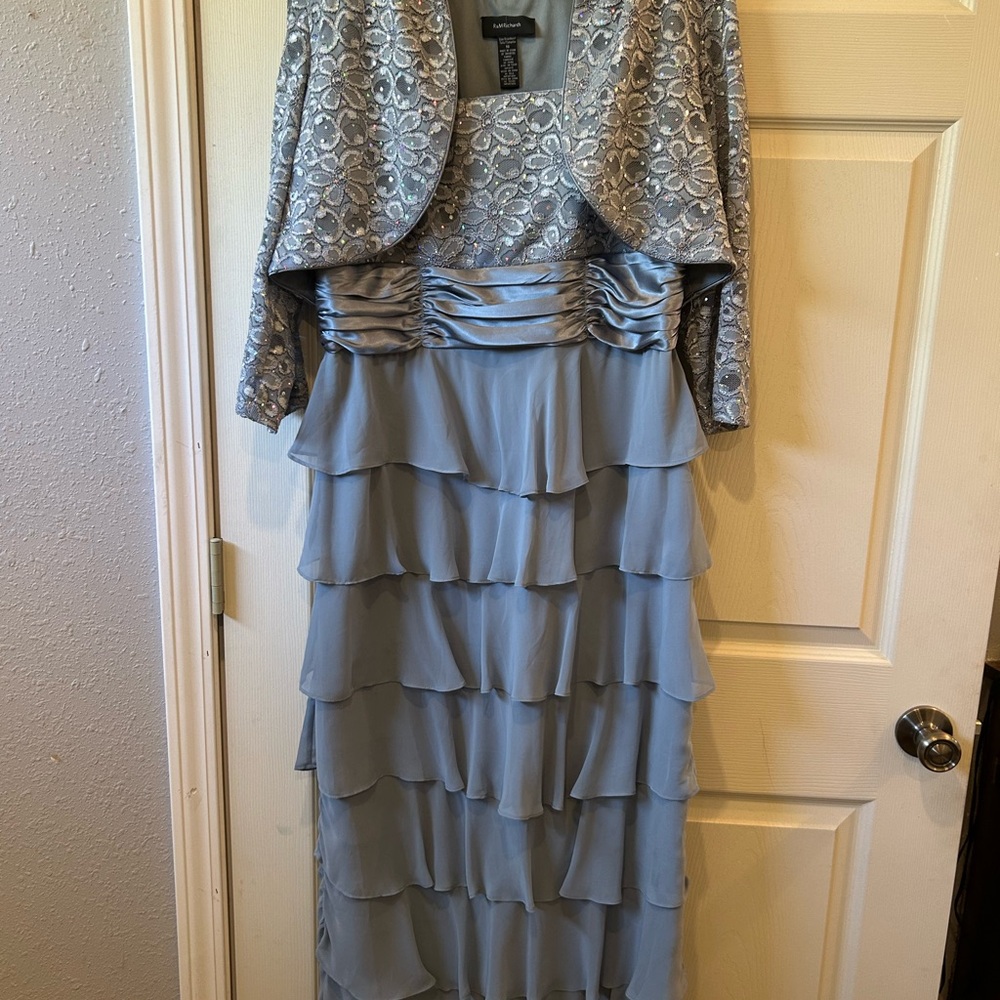 R&M Richards Slate Blue Tiered Chiffon Dress with Embroidered Jacket